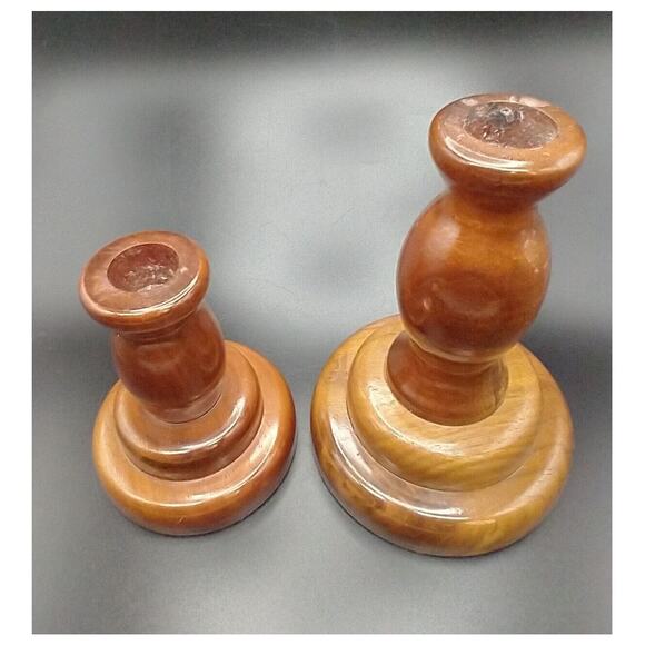 VTG Hand Turned Wooden Votive Candle Holders Offset Walnut? MCM Felted Pair - Picture 4 of 12